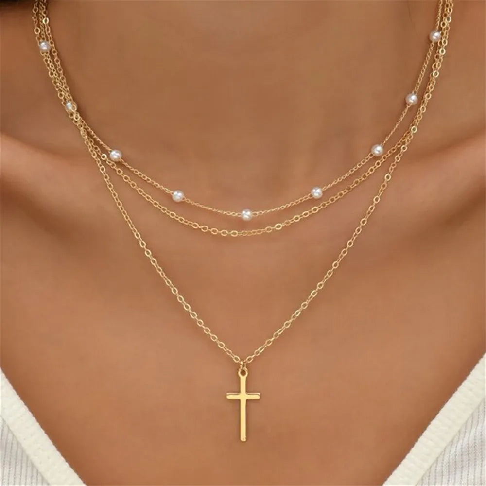 Vintage Layered Metal Bar Pendant Necklace for Women Gold Clavicle Chain Jewelry