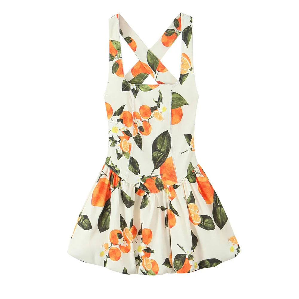 White Sleeveless Cross Back Dress With Orange Fruit Print