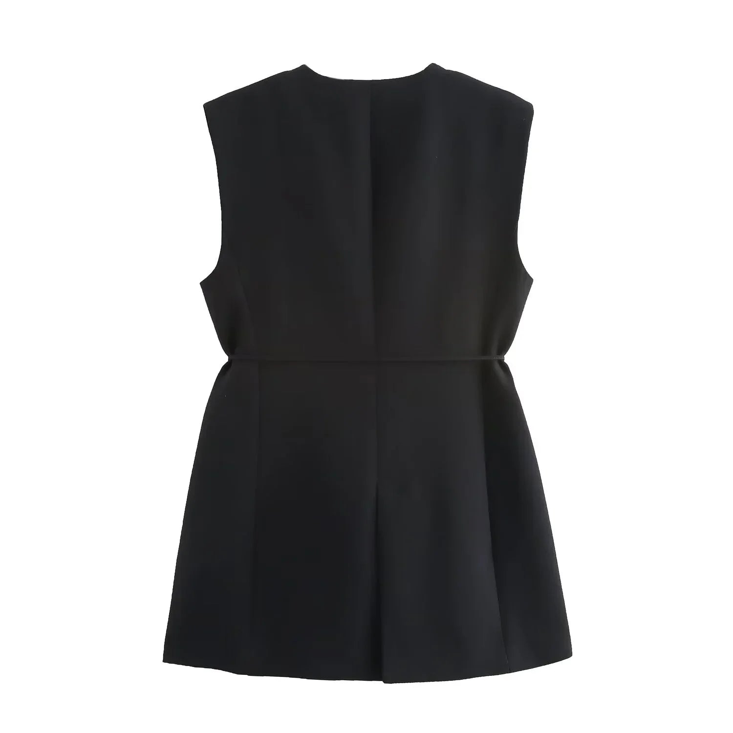 Women's Casual Black Sleeveless Split Design Vest Pants Set with Belt for Autumn Commuting