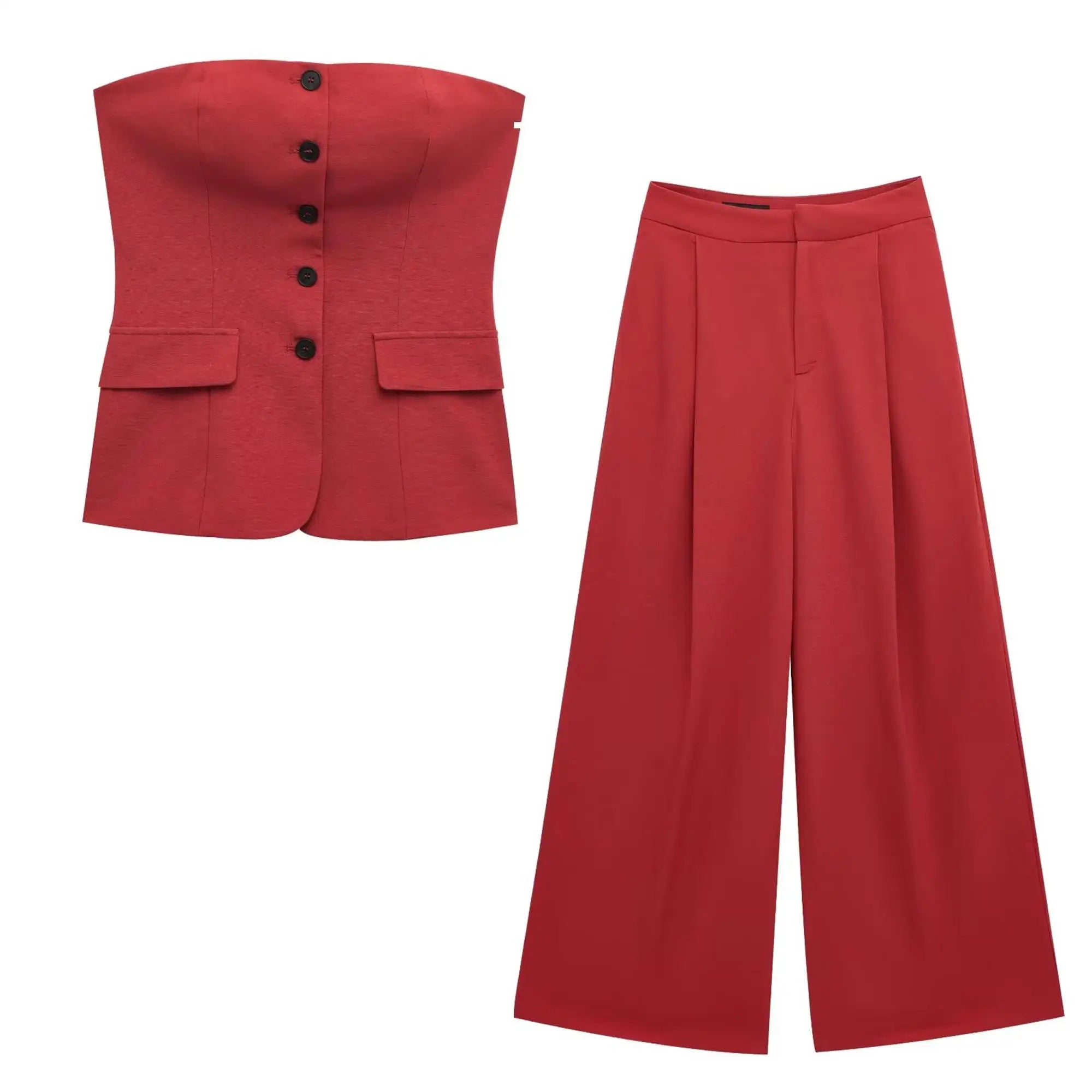 Elegant Red Pant Suit for Women with Front Button Decoration and Strapless Sexy Tank Tops, Wide Leg Trouser Fashion Streetwear
