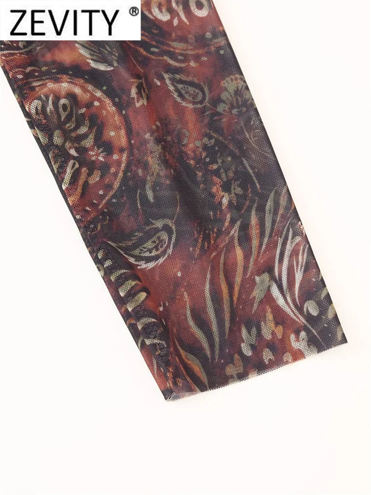 Paisley Floral Mesh Mini Dress With Long Sleeves Pleats