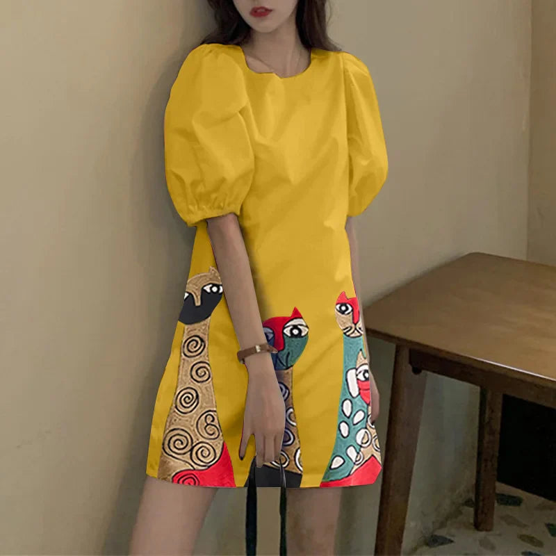 Bohemian Printed Sundress With Short Sleeves Round Neck