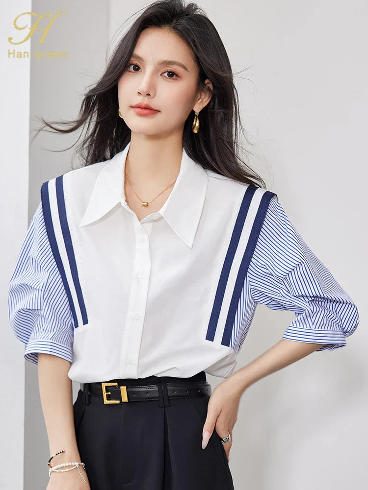 Summer Colorblocking Striped Chiffon Blouse for Women Short Sleeve Vintage Casual Office Shirt Elegant Lightweight Top