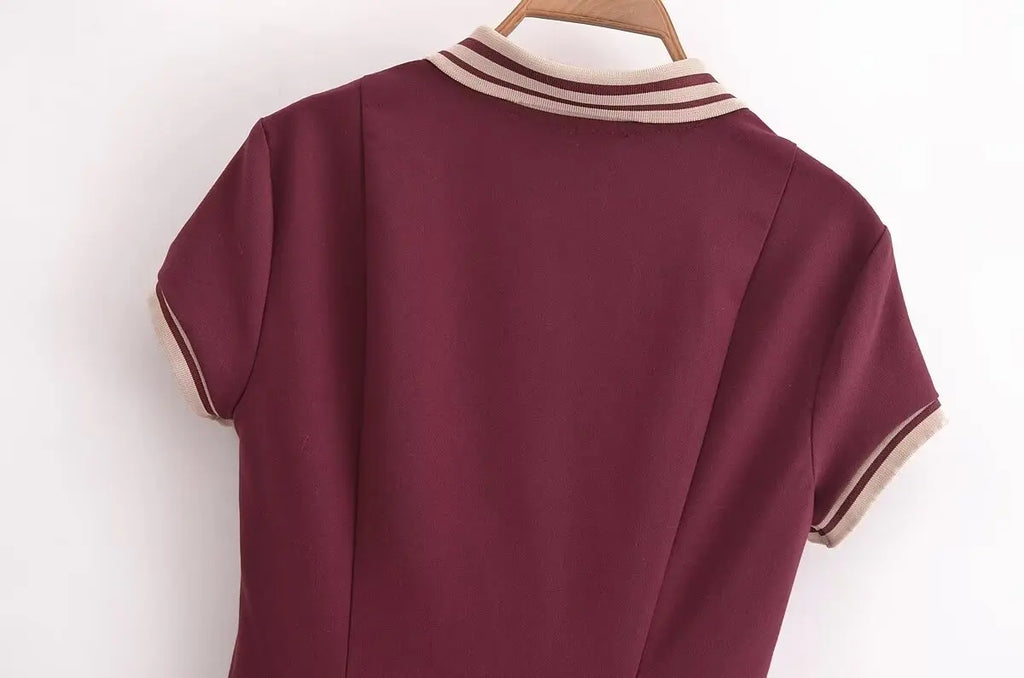 Retro Ribbed Pleated Dress For Women With Contrast Trim