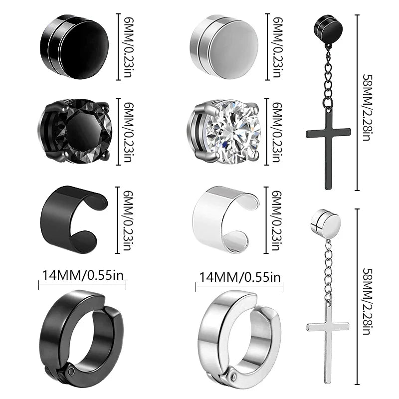 Magnetic Clip Earrings Stainless Steel Non-Piercing Stud Earrings for Men and Women with Black CZ