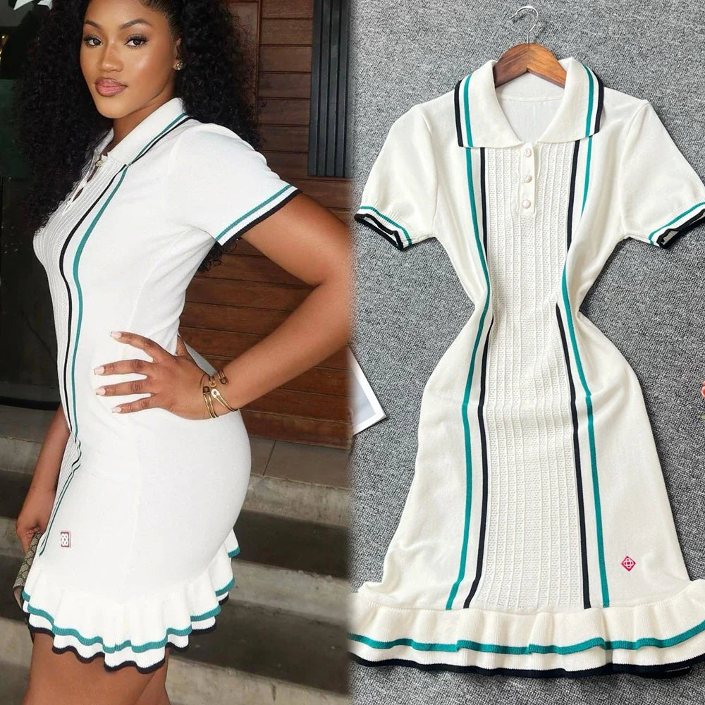 Vintage Knit Mini Dress With Turn Down Collar And Ruffles