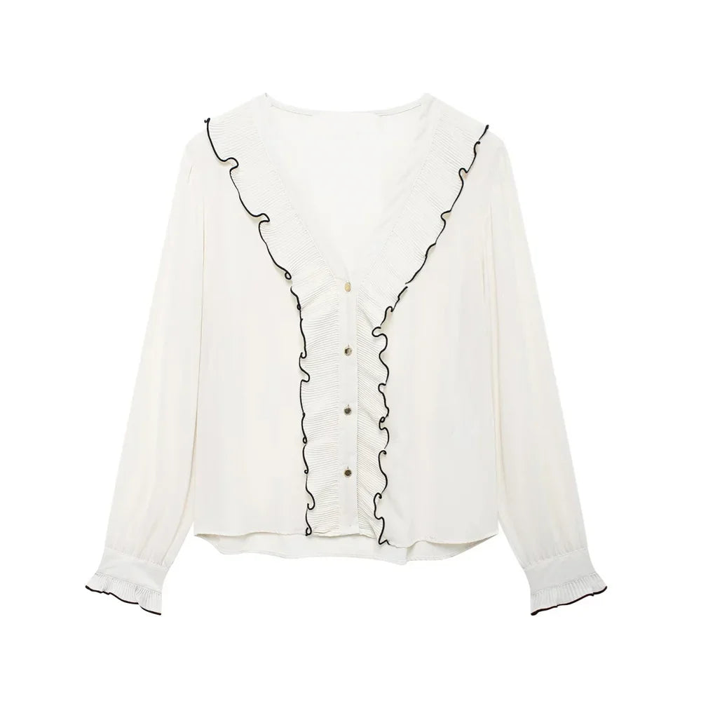 Color Block Splicing Long Sleeve V Neck Shirt with Decorative Edge and Layered Small Pleats