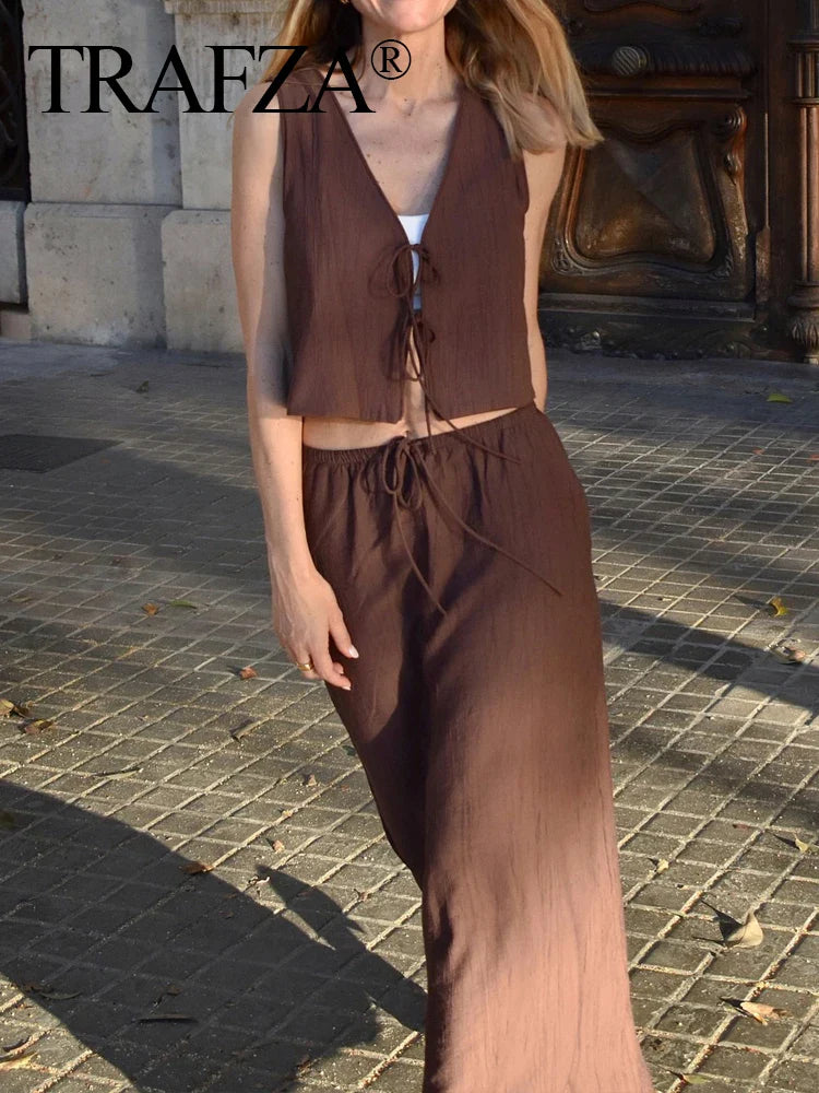 Women's Sleeveless V-Neck Lace-Up Cardigan Vest with Drawstring Pocket Casual Loose Skirt Two-Piece Set