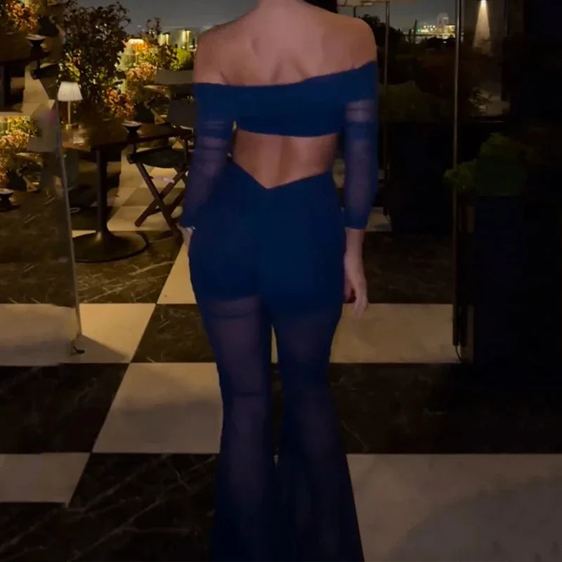 Sexy Summer Off Shoulder Long Sleeve Jumpsuit For Women Semi Transparent Backless Irregular Romper