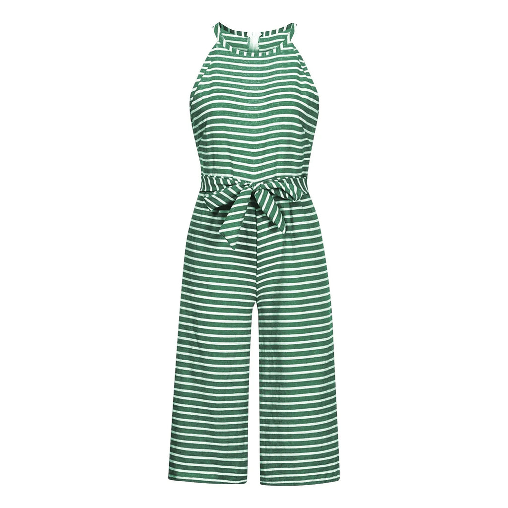 Elegant Sleeveless Striped Jumpsuit for Women Wide Leg Belted Romper Loose Fit Overalls Trousers