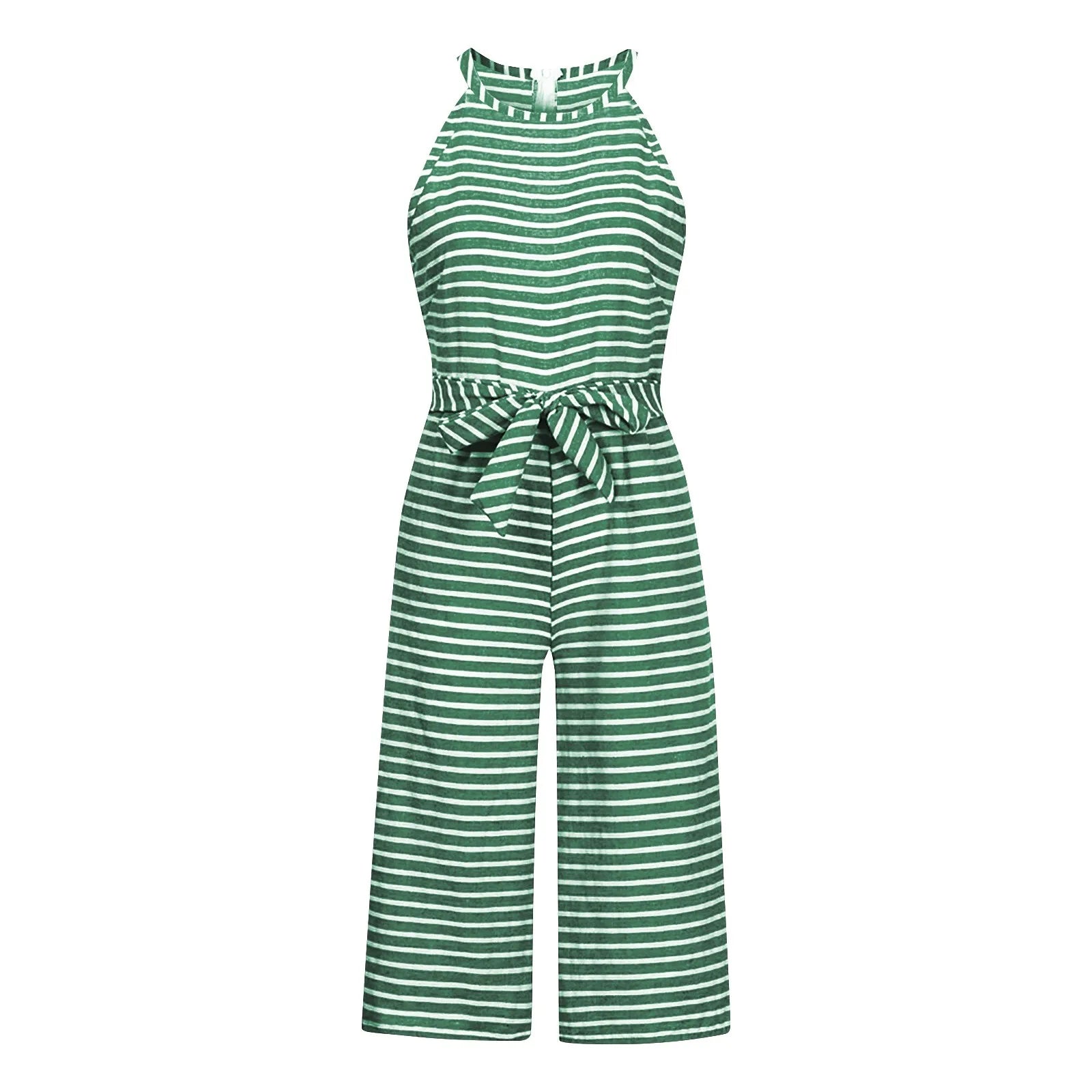 Elegant Sleeveless Striped Jumpsuit for Women Wide Leg Belted Romper Loose Fit Overalls Trousers