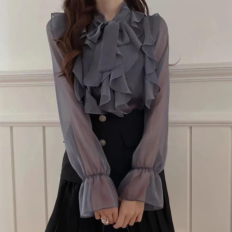 Chic Korean Style Chiffon Blouse for Women with Sweet Bow Tie Long Sleeve Office and Casual Tops Lightweight Summer Shirt