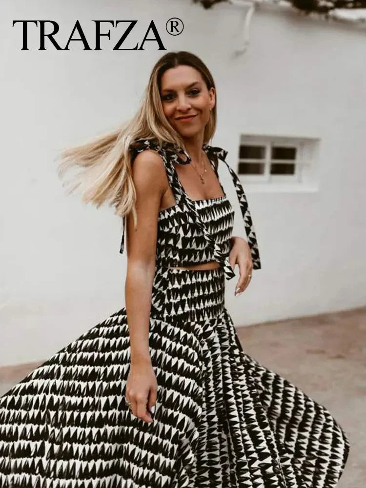 Women's Fashion Print Set Sexy Backless Sleeveless Slim Lace-Up Corset Crop Top with Elegant A-Line Pleated Midi Skirt