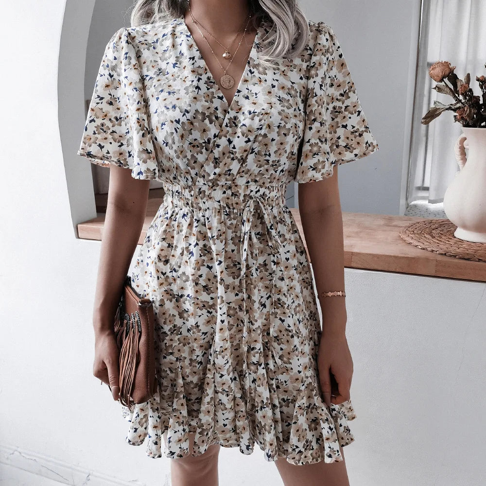 Summer Floral Dress With Bubble Sleeves V Neck A Line