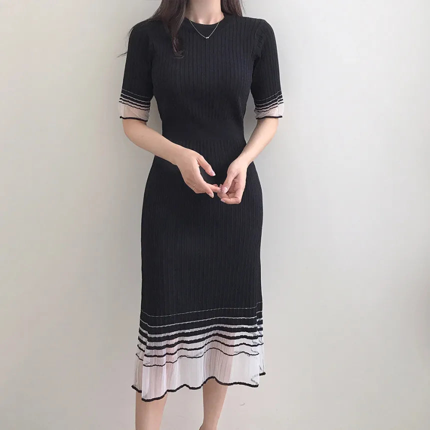 Summer Mesh Patchwork Midi Dress for Women O Neckline