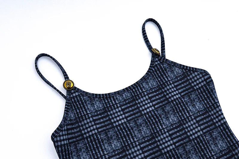 Plaid Backless Bodycon Mini Dress with Suspender Straps