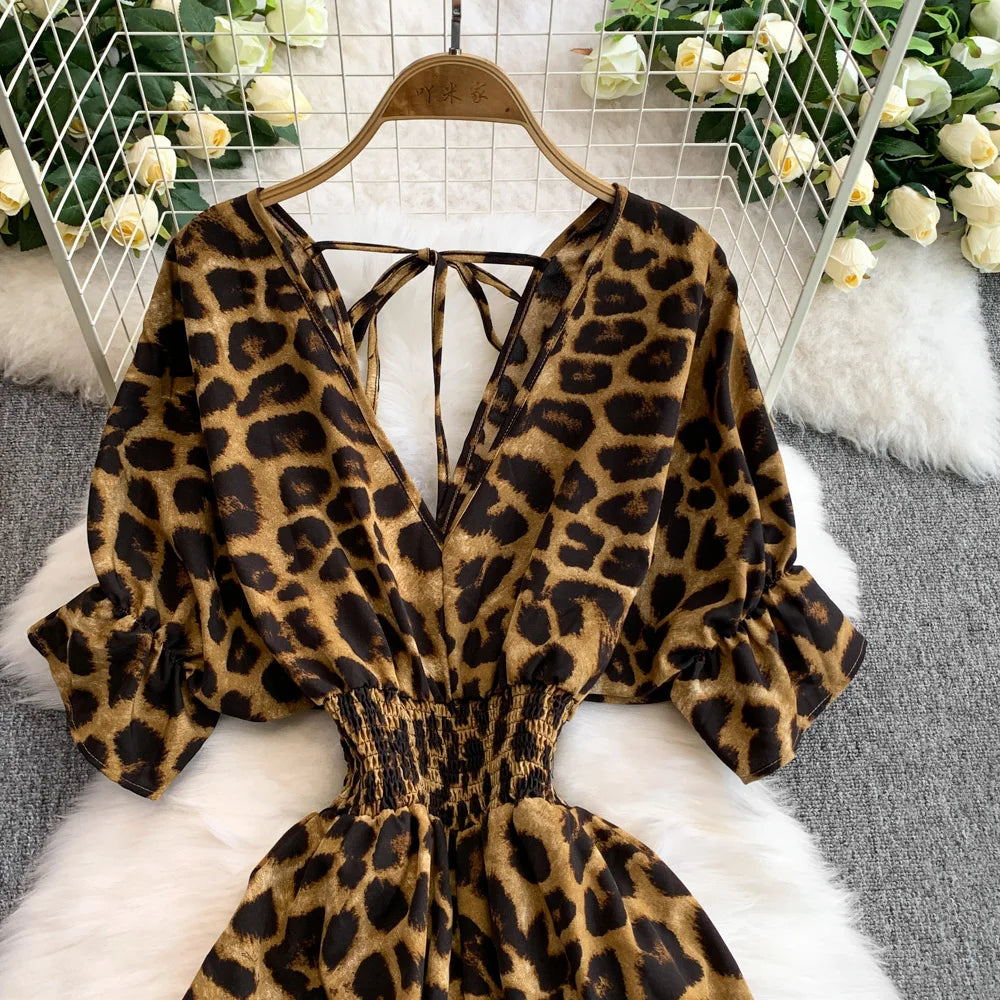 Women's Summer V-Neck Leopard Print Lace-Up Jumpsuit Short Sleeve Loose Fit Playsuit Overalls with Elegant Ruffle Detail
