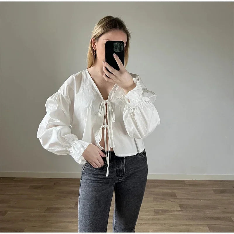 Elegant Solid Lace-Up V-Neck Blouse for Women with Lantern Sleeves and Hollow Out Detail Loose Fit Chic Female Shirt
