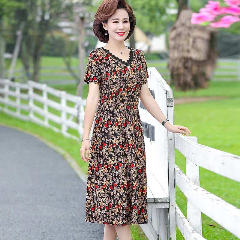 Bohemian Summer Dress With V Neck Print Vintage Midi
