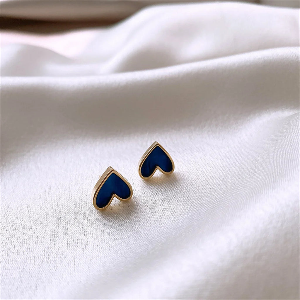 Korean Cute Heart Stud Earrings for Women with Blue Glaze Aesthetic Geometric Design Minimalist Jewelry Gift
