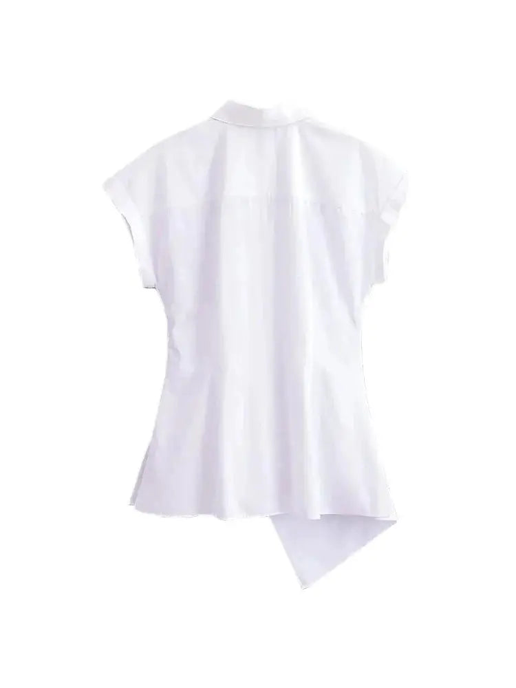 Asymmetric Poplin Shirt for Women with Front Knot Ties Short Sleeve Button-Up Chic Blouse Top