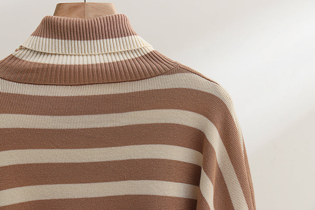 Winter Oversized Stripe Knitted Turtleneck Sweater Set with Casual Long Sleeve Pullover and Elastic Waist Pants