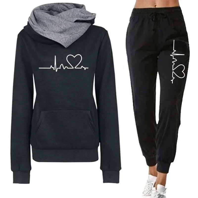 Womens Casual Tracksuit Set with Double Neck Hooded Sweatshirt and Heart Print Sweatpants for Autumn and Winter