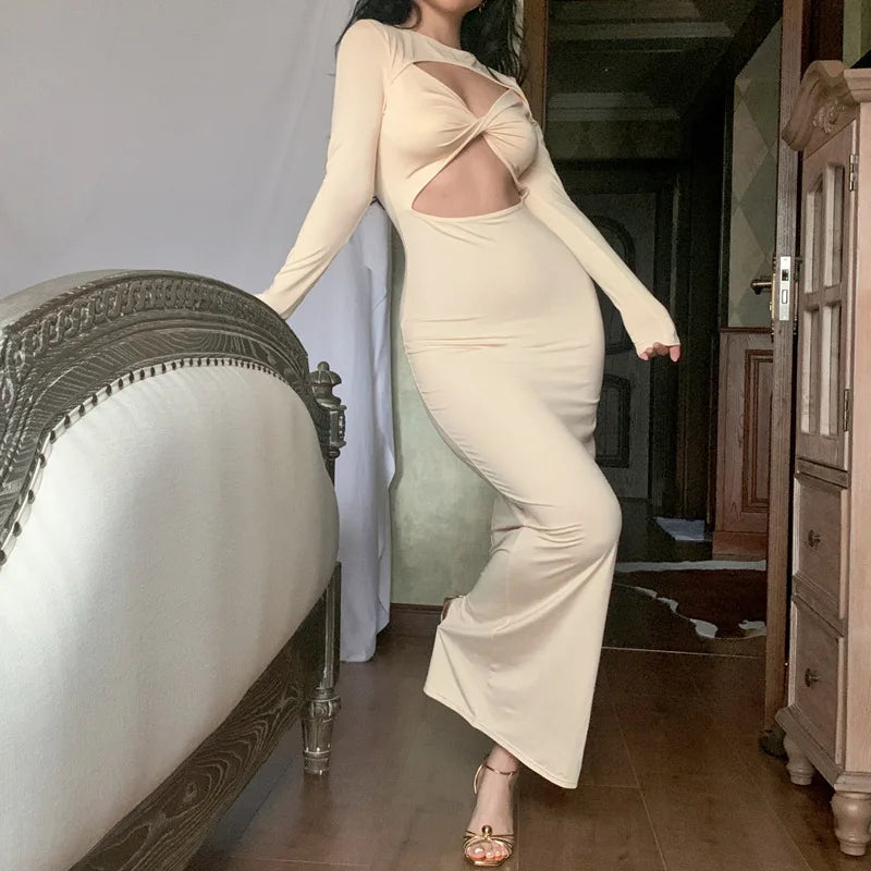 Autumn Hollow Out Dress With Round Neck Long Sleeve