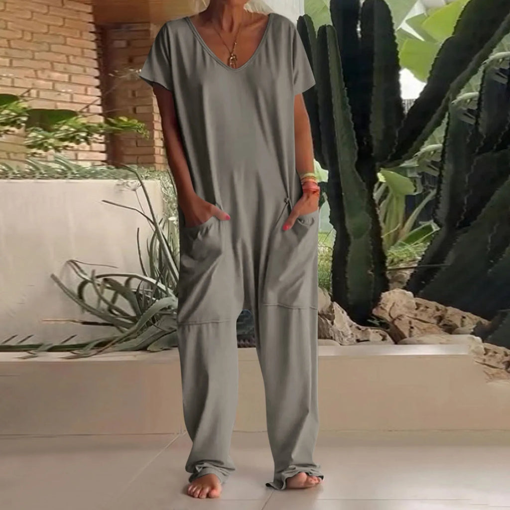 Women's Casual Short Sleeve Pullover Jumpsuit Loose Fit with Pockets Comfortable Lightweight Bodysuit Trendy Summer Romper