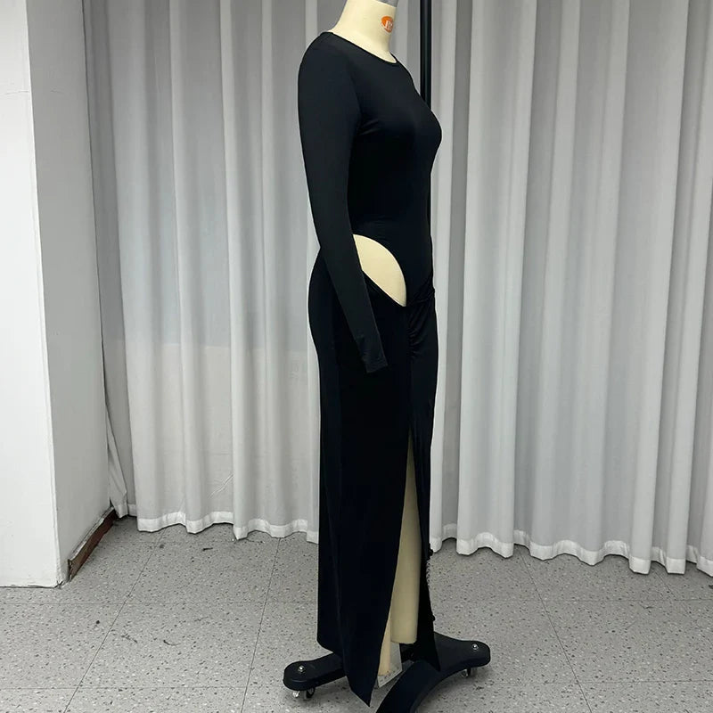 Long Sleeve Hollow Out Evening Dress With Irregular Slit