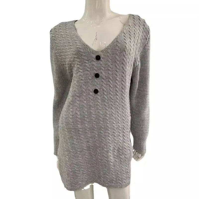 V Neck Knitted Dress Slim Fit Autumn Winter Solid Color