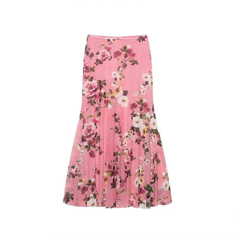 Women Two Piece Set Printed Backless Lace Up Pleated Crop Top with Vintage A-Line Midi Skirt Chic Elegant Summer Outfit for Ladies