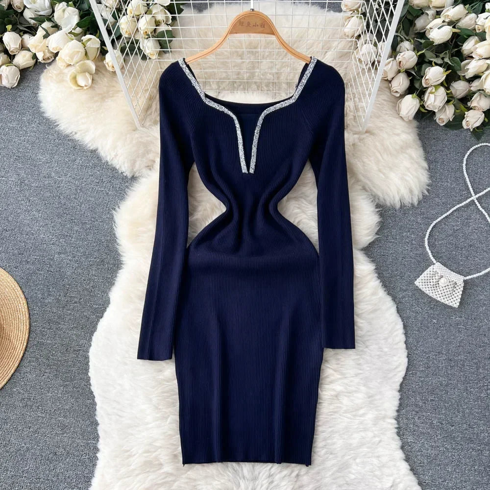 Knit Bodycon Dress For Women Long Sleeve Winter Sweater
