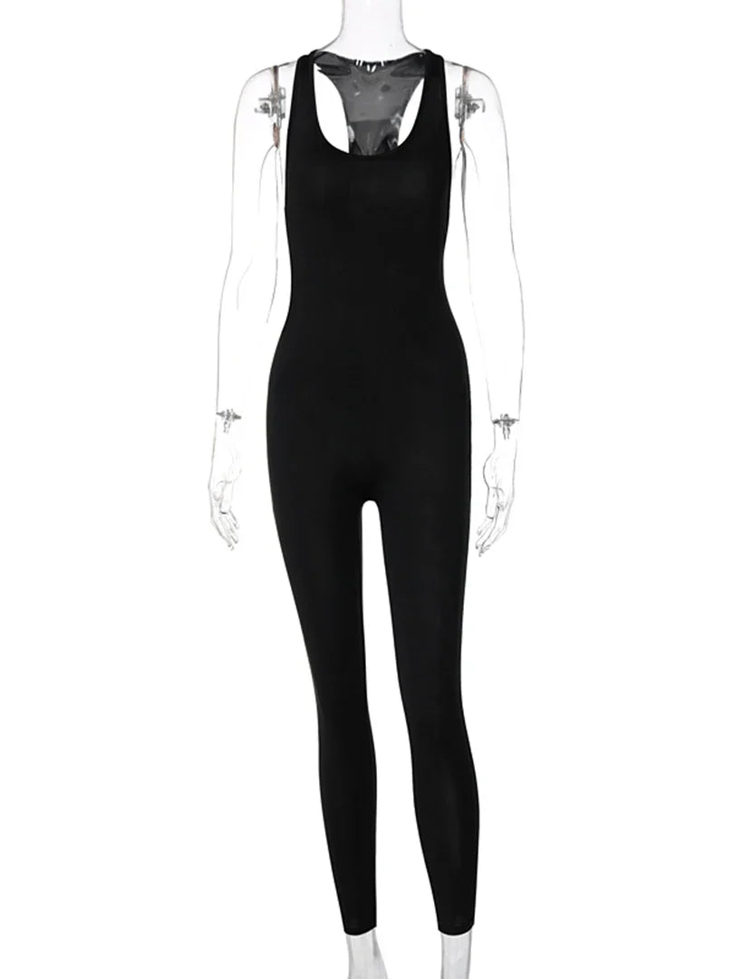 Sleeveless Hollow Out Solid Bodycon Jumpsuit Women Summer Fashion Streetwear Romper Sportswear