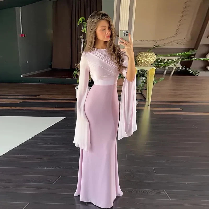 Summer Satin Long Sleeve Evening Gown Dress Slim Fit