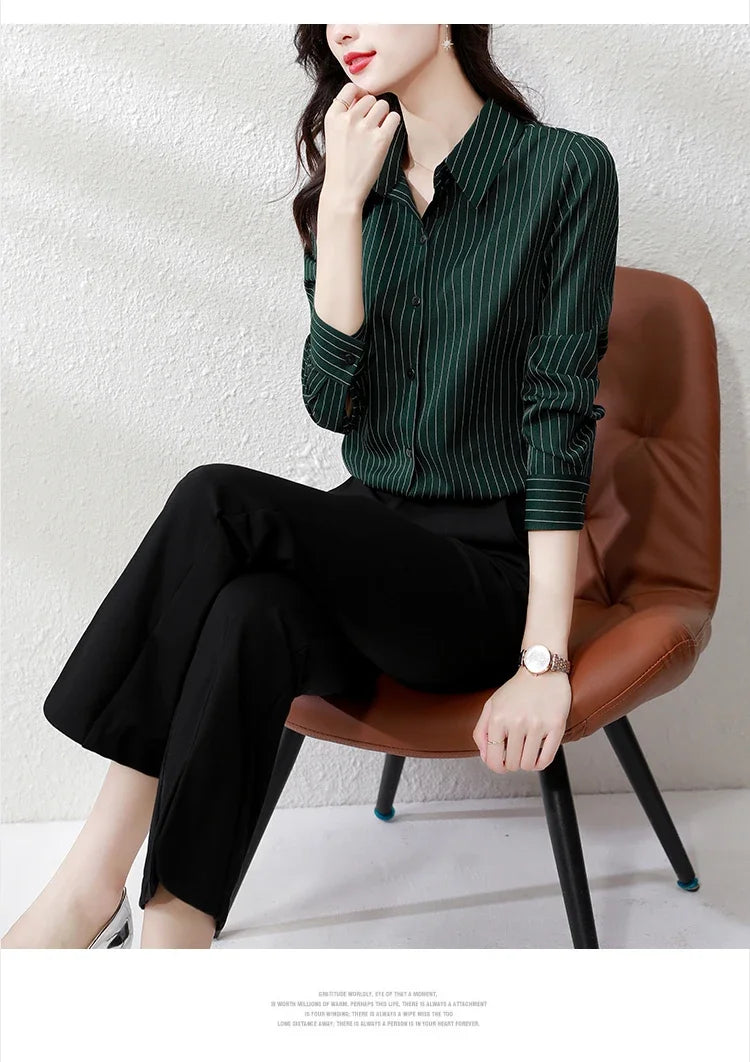 Striped Long Sleeve Women Shirt Button Up Blouse Lightweight Chiffon Tops Elegant Casual Office Wear