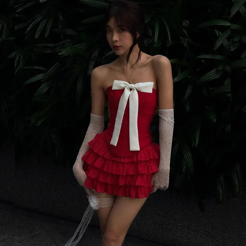 Y2K Bow Applique Mesh Pleated Mini Dress Strapless Backless