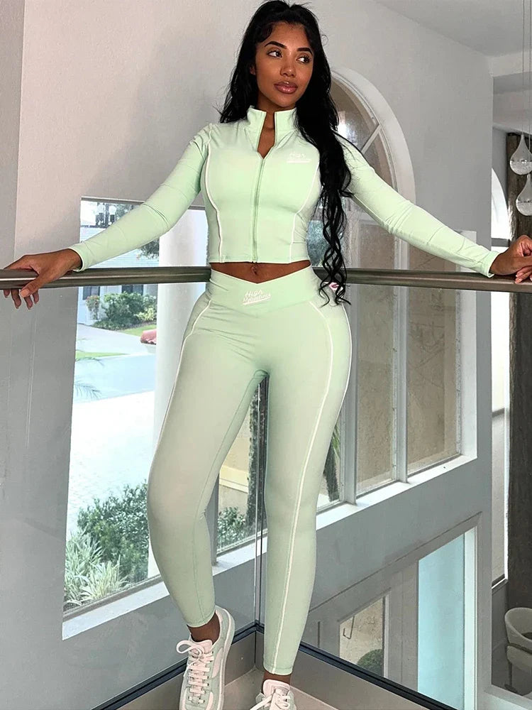 Casual 2 Piece Tracksuit Set with Zip Crop Jacket and Leggings for Sporty Streetwear