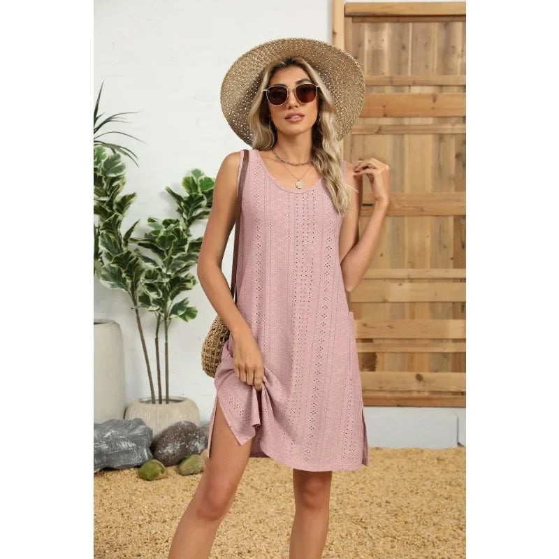 Loose Sleeveless Dress With Pockets Round Neck Solid Color