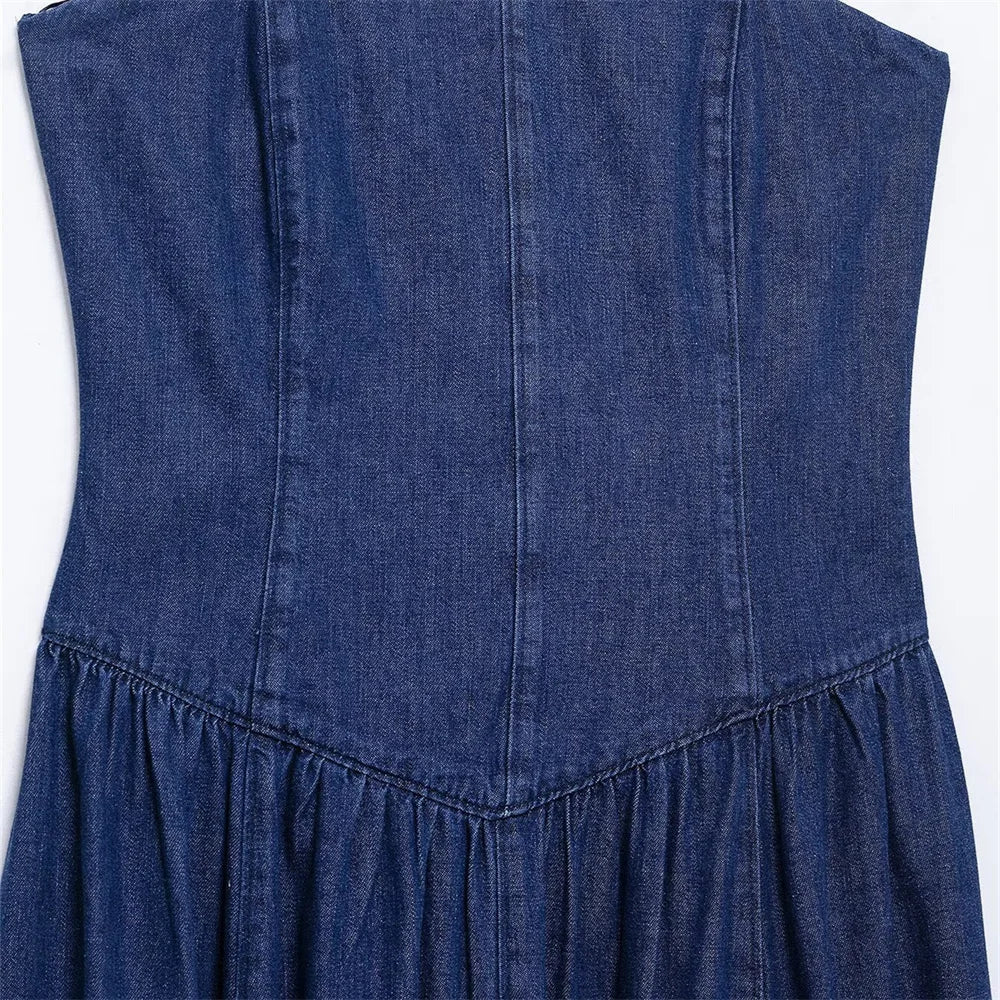 Denim Midi Dress For Women Strapless Backless Zipper Detail