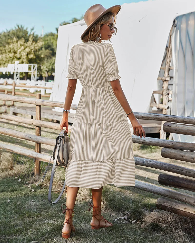 Striped Lantern Sleeve Midi Dress With V Neck Ruffles