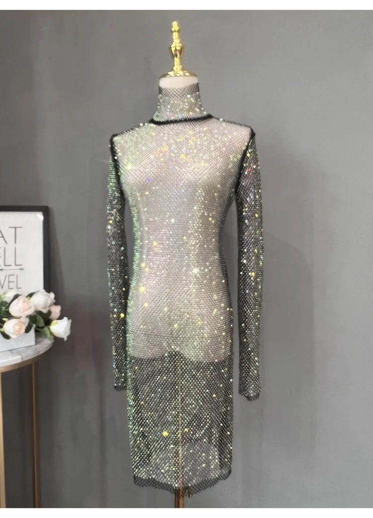 Rhinestone High Neck Glitter Party Dress Mid Length