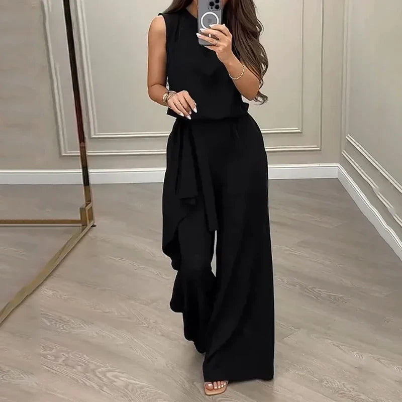 Casual Women's 2 Piece Set with Sleeveless Pullover Top and Ruffled Pants for Stylish High Street Look