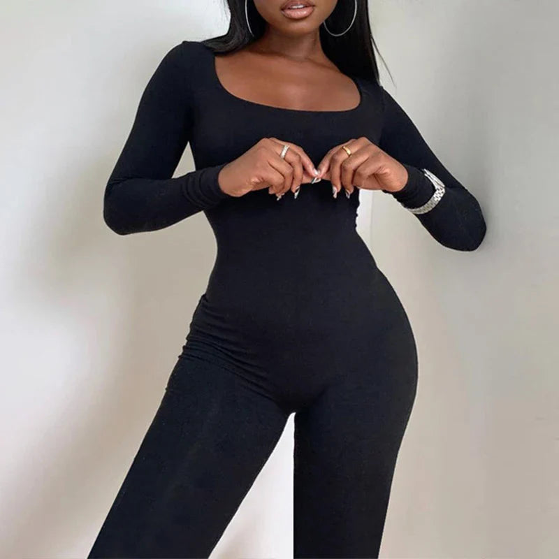Sexy Black Long Sleeve Bodycon Jumpsuit for Women Slim Fit Casual Streetwear Skinny Romper