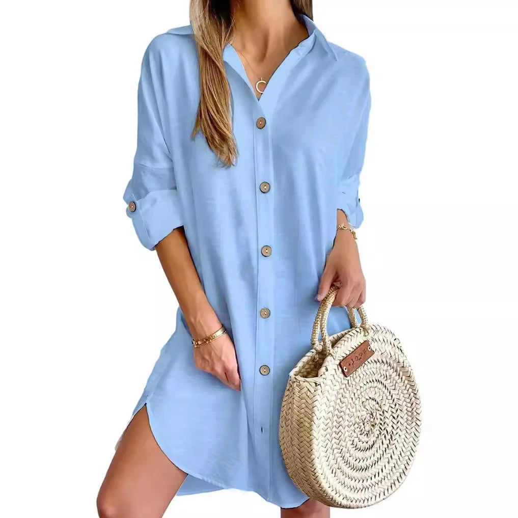 Solid Color Button Front Shirt Dress Long Sleeve Lapel
