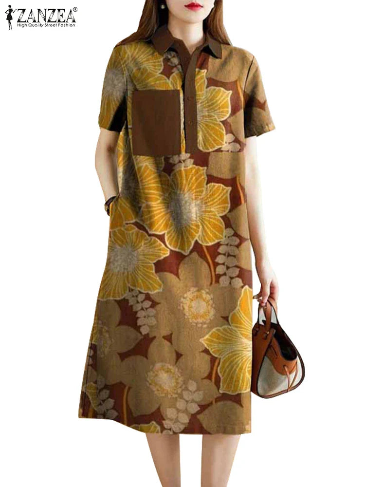 Bohemian Floral Shirt Dress For Women Vintage Short Sleeve