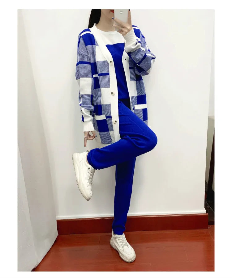 Autumn Winter Women's Plaid Knit Tracksuit Set with Cardigan Sweater Coat, Short Sleeved Top, and Solid Harem Pants