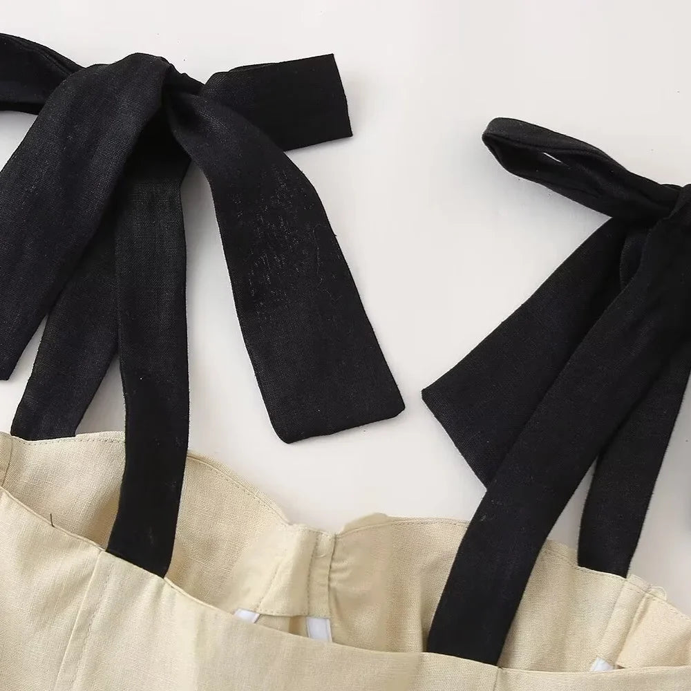 Slim Fit Linen Blend Mini Dress With Bow Decoration