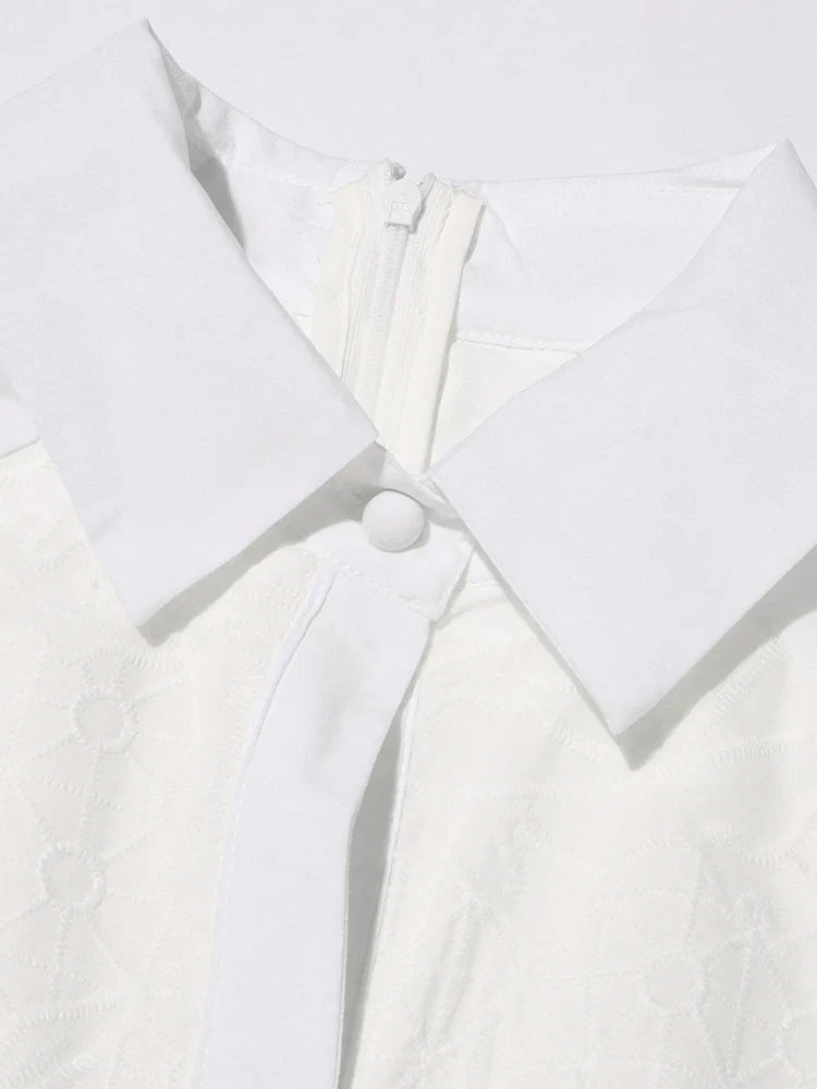 Patchwork Lace Hollow Dress Belted Lantern Sleeve For Women