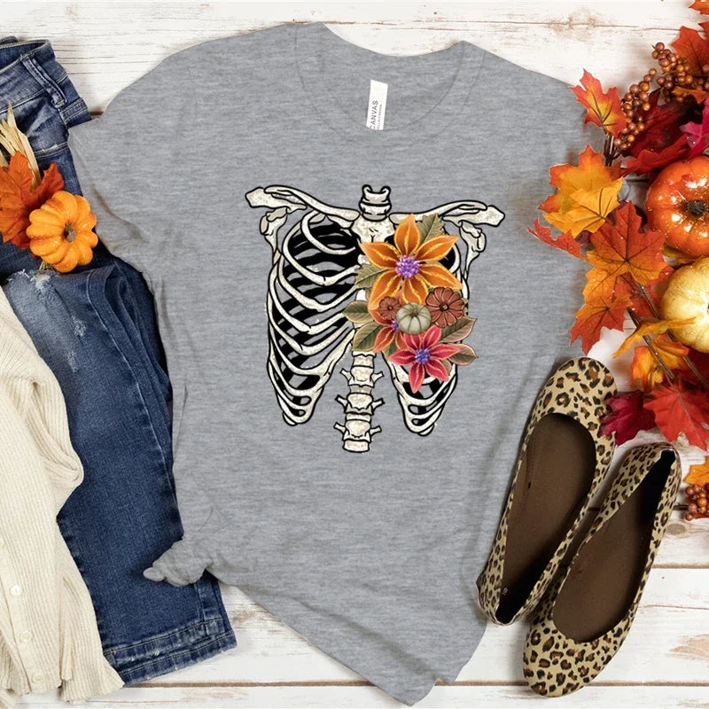 Halloween Skeleton Graphic Tee for Women with Flower Spine Design